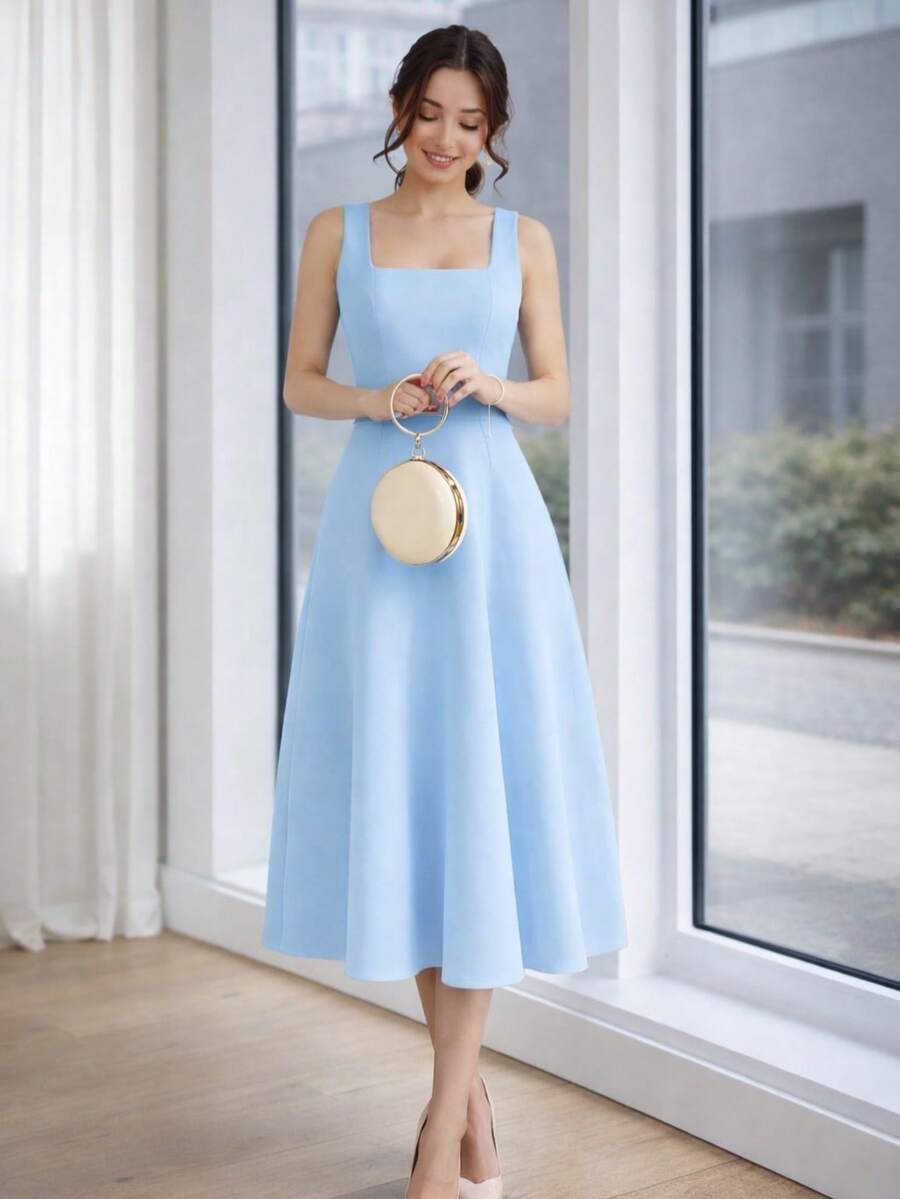 Women's Midi Dress With Square Neckline And Defined Waist - 淺藍色 - 查看 1