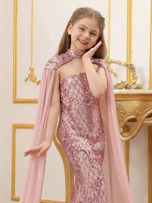 Tween Girl's Sequins Patchwork Cape Sleeve Fish Tail Dress Formal Suit - Dusty Pink - View 6