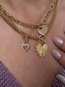 3件套精致心形龙虾扣项链，多层可叠戴，适合女性日常佩戴、约会、派对、宴会、节日礼物 - 金黃色 - 查看 1