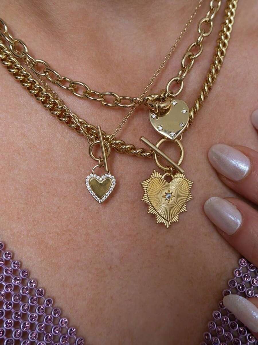 3件套精致心形龙虾扣项链，多层可叠戴，适合女性日常佩戴、约会、派对、宴会、节日礼物 - 金黃色 - 查看 1