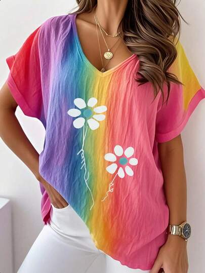 Plus Size Women's Rainbow Print V-Neck Comfortable Washed Pleated Fabric Casual Short Sleeve T-Shirt, Suitable For Spring And Summer (Random Colorful Print On Back)