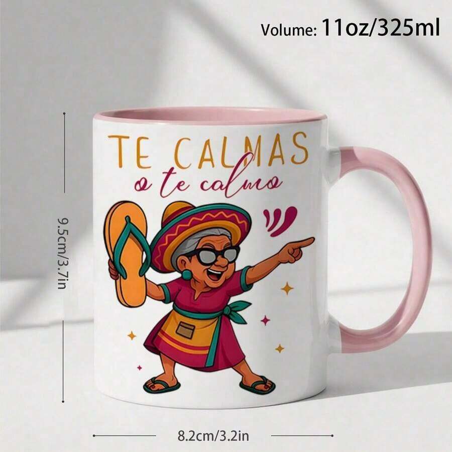 1pc Funny Spanish Grandma Abuela Themed 11oz Coffee Mug - Colorful Cartoon Cuban/Latin Design With Spanish Phrases (Abuela/Te Calmas), Dishwasher Cup Women, Mom, Birthday & Mother's Day Gifts - 黑色 - 查看 1