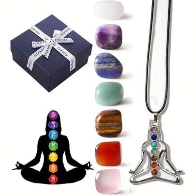 8件套，包含7件天然水晶DIY首饰配件（未打孔）和7种不同类型的水晶石项链吊坠，适合瑜伽冥想佩戴，适合作为女性礼物，情人节、万圣节、圣诞节礼物。