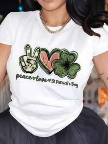 Festive Fun, Women's Soft Casual Tee - Peace Love Shamrock Graphic, Round Neck, Short Sleeve, Machine Washable, White with Green & Pink Design, Perfect for St. Patrick's Day or Casual attire Tee For adult, Men, Women, Teen, Teenager, adolescent, - Blanc - Voir 1