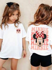 Disney Minnie Mouse Double-Sided Kids' T-Shirt – Soft White Short Sleeve Tee With Repeating "MINNIE" Print & Cute Bow Graphic For Girls - 白色 - 查看 1