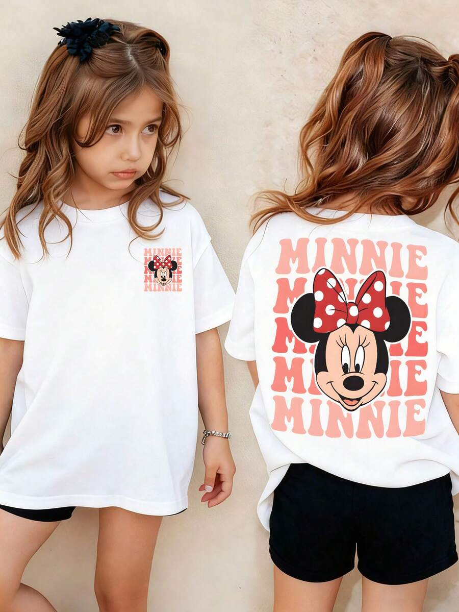 Disney Minnie Mouse Double-Sided Kids' T-Shirt – Soft White Short Sleeve Tee With Repeating "MINNIE" Print & Cute Bow Graphic For Girls - 白色 - 查看 1