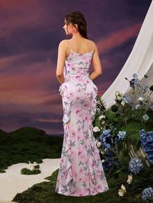 Faeriesty Elegant Spaghetti Strap Dress With Peony Print And Mermaid Skirt For Spring Weddings, Formal Galas, And Romantic Dinners. - Baby Pink - View 3