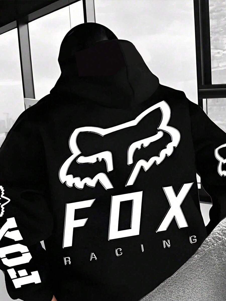 Fox Racing Graphic Black Hoodie Print Fashion Casual Men Hoodies Oversized Comfortable Streetwear Pullover Hooded Sweatshirt For Men Retro Graphic Design Long Sleeve Hoodie - 黑色 - 查看 1