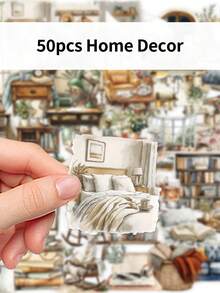 50pcs Alleyway Home Cartoon Creative PET Material Stickers Transparent Waterproof DIY Journaling Supplies Personalized Phone & Notebook Decorative Stickers For Ins - Multicolor - View 5