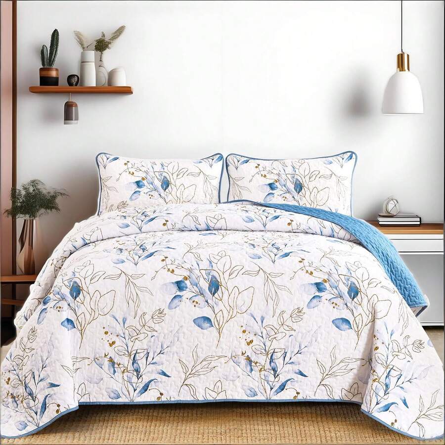 DJY 3 Pieces Queen King Size Gradient Aqua Flower Pattern Bedspread Coverlet For All Season,Soft Lightweight Microfiber Bedding Set,Wedding Items,Valentines Day Home Bed Room Decor,Easter Gifts,Mothers Day Gift,All Season - 藍色 - 查看 1