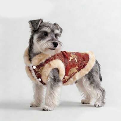 1 Piece Festive Chinese-Style Pet Vest, Brocade Fabric Dog Sleeveless Outfit, Luxurious New Year Style With Rich Red Base & Golden Dragon Pattern, Sleeveless Shape Accented With Plush Fur Trim For Elegant Look, Warm & Windproof Function To Keep Small Dogs Like Schnauzers Comfortable, Perfect Holiday Apparel For Pets