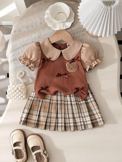 Baby Girls' Fashion Casual Cute Set, Bow Bear Patch Lapel Simple Top + Pleated Patch Skirt