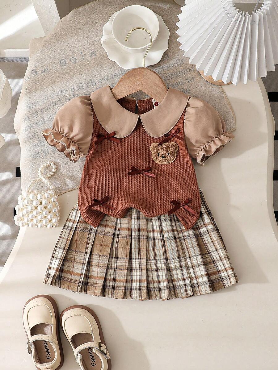 Baby Girls' Fashion Casual Cute Set, Bow Bear Patch Lapel Simple Top + Pleated Patch Skirt - Brown - View 1