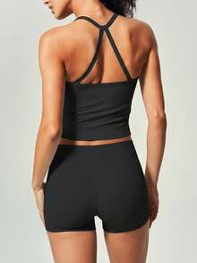 UONNOU Bộ đồ thể thao nữ 2 món gồm áo hai dây và quần short, đồ tập thể dục, đồ tập yoga, bộ đồ bó sát tập luyện, nâng mông, kiểm soát eo, làm thon gọn chân, dây chéo, hở lưng và vai gợi cảm, mút ngực có thể tháo rời, áo siêu ngắn, chất liệu mềm mại và thoải mái, phù hợp cho thể thao, hoạt động ngoài trời, phòng tập, yoga, pilates, các bài tập nhẹ, tập luyện, chạy bộ, mặc hàng ngày, đi làm, bộ đồ thể thao thời trang. - màu đen - Xem 4