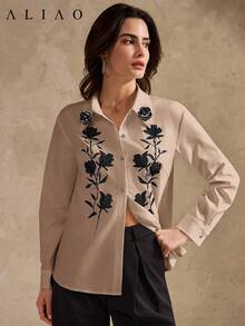Aliao Elegant Sparkling 3D Floral Embroidered Decorative Long Sleeve Shirt, Dignified And Graceful, Suitable For Spring Women's, Festivals, Vacation, Concerts, Parties - Multicolor - View 5