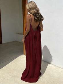Women's Sexy Backless Solid Color Spaghetti Strap Maxi Dress, Loose Sleeveless Empire Style Dress, 2026 Summer New Arrival - Màu Đỏ Sâu - Xem 4