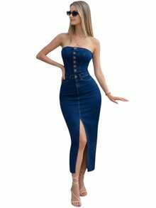 Vestido Strapless Botones Con Abertura en Pierna Mezclilla Sexy - Azul lavado oscuro - Ver 2