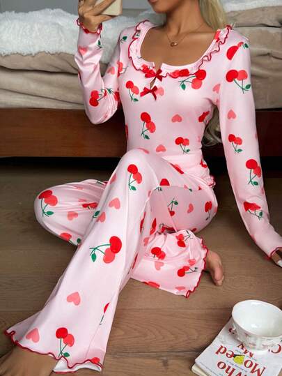 2pcs Women Casual Cherry Print Ruffle Trim Long Sleeve Square Neck Loungewear Set, Autumn