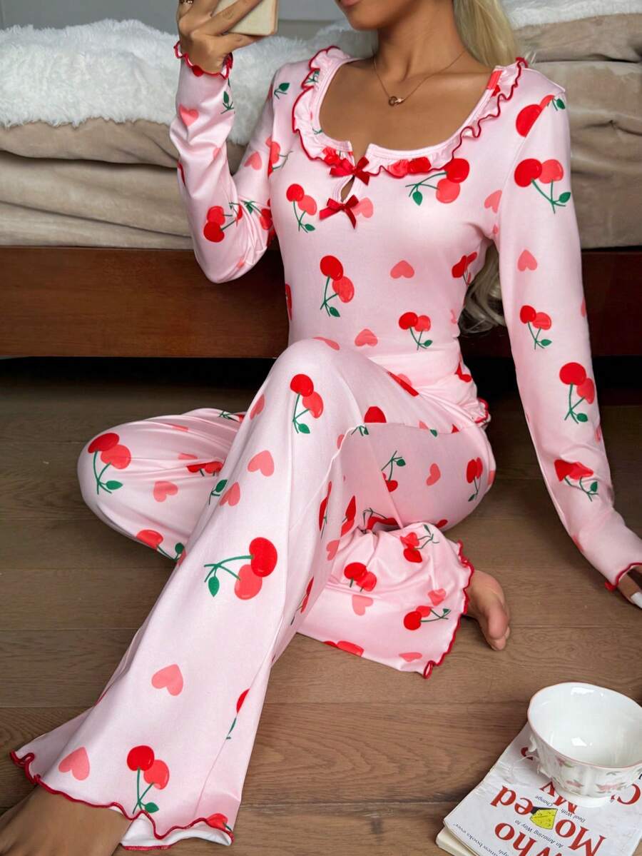 2pcs Women Casual Cherry Print Ruffle Trim Long Sleeve Square Neck Loungewear Set, Autumn - Pink - View 1