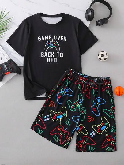 2pcs/Set Black Summer Casual Video Game & Neon Print Short Sleeve T-Shirt And Loose 3/4 Pants Pajamas, Made Of Soft Comfortable Fabric, Suitable For Indoor, Pajama Party, School, Home Wear