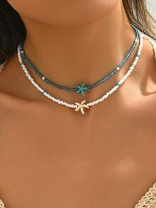 2pcs/Set Summer Sweet Blue & White Necklace Set, Handmade Beaded Necklace With Cute Starfish Decor, Suitable For Daily Wear, Beach Date, Party, Music Festival - Multicolor - View 1