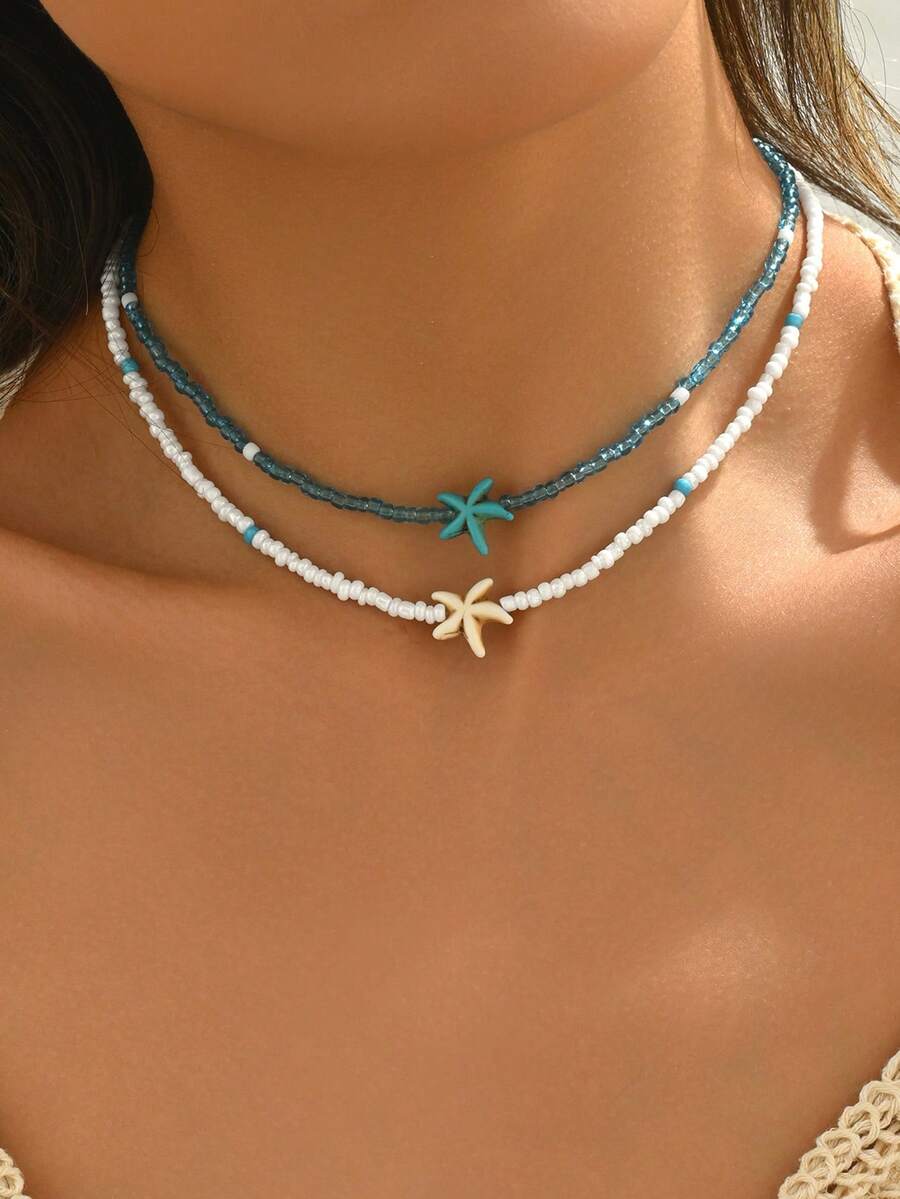 2pcs/Set Summer Sweet Blue & White Necklace Set, Handmade Beaded Necklace With Cute Starfish Decor, Suitable For Daily Wear, Beach Date, Party, Music Festival - Multicolor - View 1