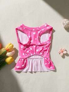 Đầm cho thú cưng không tay, in hình mèo và chó, viền bèo nhún, nền màu hồng giả denim với họa tiết trái tim trắng. - Màu Hoa hồng đỏ - Xem 3