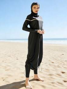 Bộ đồ bơi Burkini dành cho nữ, kiểu dáng kín đáo, chất liệu Hồi giáo, tay dài, che phủ toàn thân, gồm 3 món, thích hợp đi biển và có mũ, thích hợp cho kỳ nghỉ. - màu đen - Xem 5