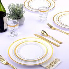 175 Count Gold Dinnerware Set For 25 Guests - Gold Rimmed White Disposable Plastic Plates Heavy Duty, Includes 25 Dinner & Salad Plates, Cups, Cutlery Set For Wedding Parties - Gold - View 8