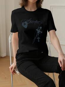 2026 Summer New Women's Casual Round Neck Loose Slimming Streetwear Punk Style Graphic Print Lightweight Versatile Short Sleeve T-Shirt - Black - View 3