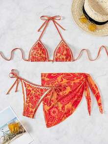 3-Piece Bikini Swimsuit Set, Sexy Women's Neck Strap Swimsuit With Floral Print For Summer Beach Wear, Random Print - Orange - View 1