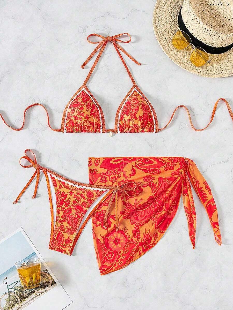 3-Piece Bikini Swimsuit Set, Sexy Women's Neck Strap Swimsuit With Floral Print For Summer Beach Wear, Random Print - Orange - View 1