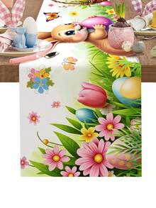 1pc 35*180cm Polyester Easter Farm Style Table Runner, Featuring Vivid Rabbit, Eggs And Basket Patterns, Suitable For 2025 Easter Home Decor, Kitchen Dining Table Decoration, Spring Holiday - Multicolor - View 8