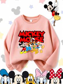 Disney Mickey Mouse & Friends Group Graphic Goofy Donald Duck Pluto Comfortable Print Young Girls' Long Sleeve Sweatshirt, Suitable For Autumn/Winter, Lightweight And Cozy, Great For Layering In Fall, Fashionable Casual Wear, Graphic Design, Back To School Season, Autumn, Back To School Party, Suitable For Outdoor Picnic, Street Photography, Home, Campus, Holidays, New Year Gift - Pink - View 2