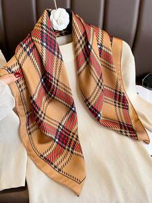 1pc Brown 70cm Square Striped Pattern Printed Silk Scarf, Women's Fashion Satin Neckerchief, Headband, Headwrap - Brown - View 3