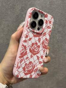 1个玫瑰花条纹格子图案荔枝纹理防震TPU手机壳，适合作为男女皆宜的节日礼物，兼容苹果XS/XS Max/XR/11/12/13/14/15/16/17 Pro/Pro Max/14/15/16/17 Plus - 彩色 - 查看 3