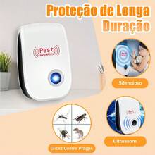 Repelente eletrônico ultrassônico de mosquitos, repelente inteligente de mosquitos. Repele diversas pragas. Pode repelir moscas, mosquitos, baratas, morcegos e ratos. Produto repelente de mosquitos, controle de insetos.Repelente ultrassônico de roedores - Entrada do Brasil (220V) - Visão 1