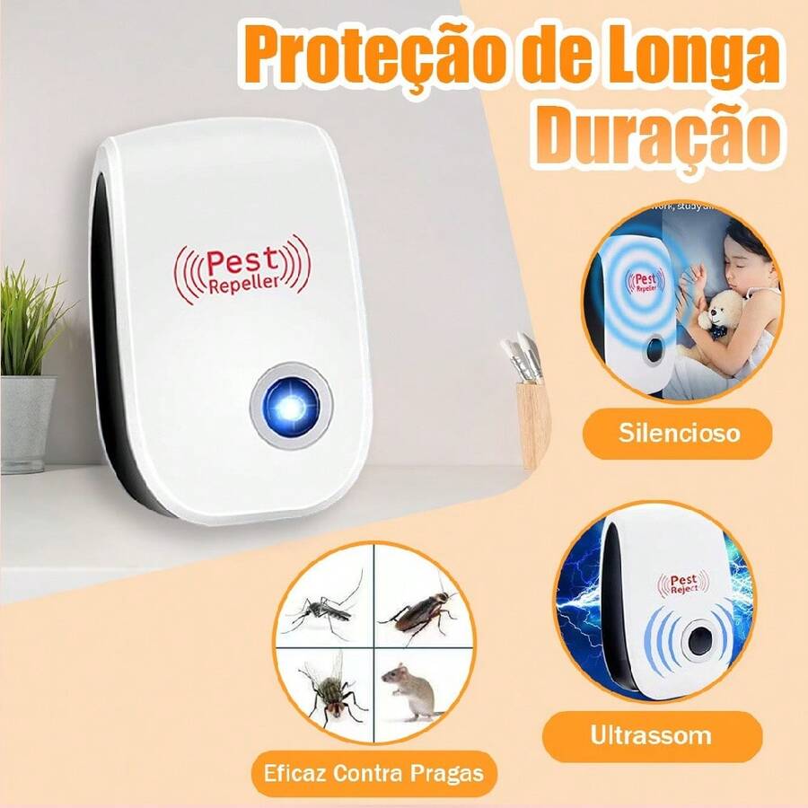 Repelente eletrônico ultrassônico de mosquitos, repelente inteligente de mosquitos. Repele diversas pragas. Pode repelir moscas, mosquitos, baratas, morcegos e ratos. Produto repelente de mosquitos, controle de insetos.Repelente ultrassônico de roedores - Entrada do Brasil (220V) - Visão 1