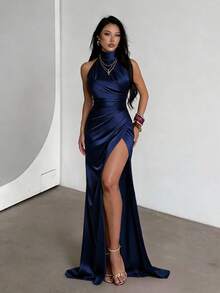 WOWDARK Women's Solid Color Halter Sleeveless Split Slim Dress, For   Formal Party - 藏蓝色 - 查看 5