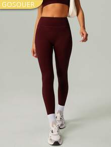 女士裸色纯色高腰深V提拉塑形健身瑜伽裤 - 酒紅色 - 查看 4