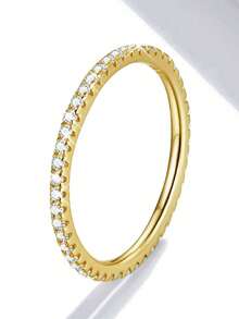 1枚简约扁平开口925纯银女士结婚戒指，优雅精致立方氧化锆戒指，结婚首饰，情侣订婚承诺戒指礼物 - 金色 - 查看 31