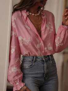 Bestselling Vintage Embroidered Ruffle Hem Women Blouse, Flower, Leaf Print, Button Embroidered Decoration, Casual Wear Pink Spring - Pink - View 5