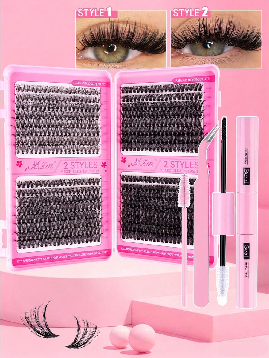 640pcs/Set D Curl Fluffy False Eyelashes, Thick & Voluminous, Multiple Combinations, Length 10-16mm, Natural & Soft. Set Includes Eyelash Glue, Adhesive, Fixing Spray, Tweezers & Brush, Suitable For Sparse Lashes & False Lashes. Suitable For Travel, Daily Wear (Beginner Friendly), Weddings, Dates, Parties, Holidays, Also Great As Christmas/Halloween/Gift Eyelash Set. - 黑色 - 查看 1