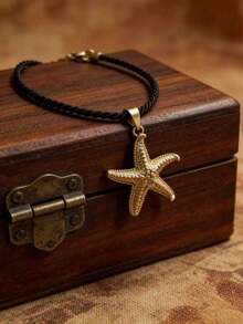 Gold Starfish Woven Black Rope Necklace, Beach Holiday Style - Starfish - View 4
