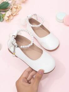 Girls' Mary Jane Shoes With Beaded Bow Tie, Princess Shoes With Buckle Strap - Beige - View 6