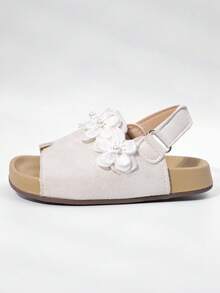 2 pezzi/set Sandali per ragazze, Nuovi sandali da principessa con fiori 2026, Suola morbida antiscivolo per bambini, In morbida pelle adatti per l'uso estivo - Beige - Visualizzare 3