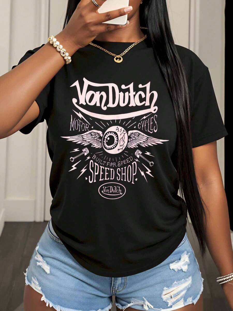 Van Dutch Motor Cycles Built For Speed Speed Shop T Shirt Women Casual  Graphic Tee Streetwear Fashion Top,220g - 黑色 - 查看 1
