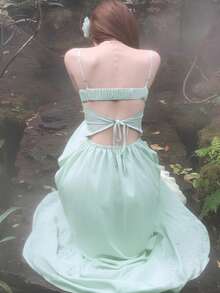 法式优雅吊带连衣裙，女士春夏海滩度假女神风长裙 - 薄荷綠 - 查看 4