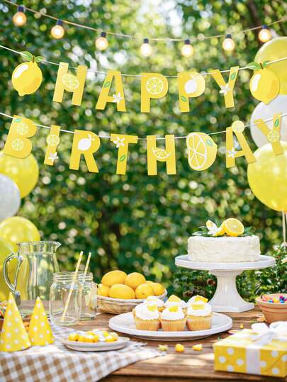 1 Set Lemon Theme Happy Birthday Banner, Lemon Birthday Party Decoration Pennant, Birthday Party Background Decoration Banner, Spring/Summer Birthday Hanging Decor, Home Decor, Birthday Wall Decor, Birthday Party Supplies, Birthday Gift