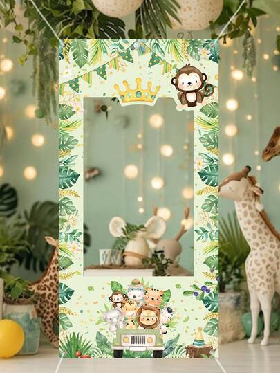 一套丛林动物相框道具，涤纶面料背景幕布，丛林动物图案，派对装饰，宝宝一周岁生日派对拍照背景装饰，丛林主题派对装饰，迎婴派对装饰，宝宝派对用品，男孩生日派对装饰，节日用品，摄影道具
